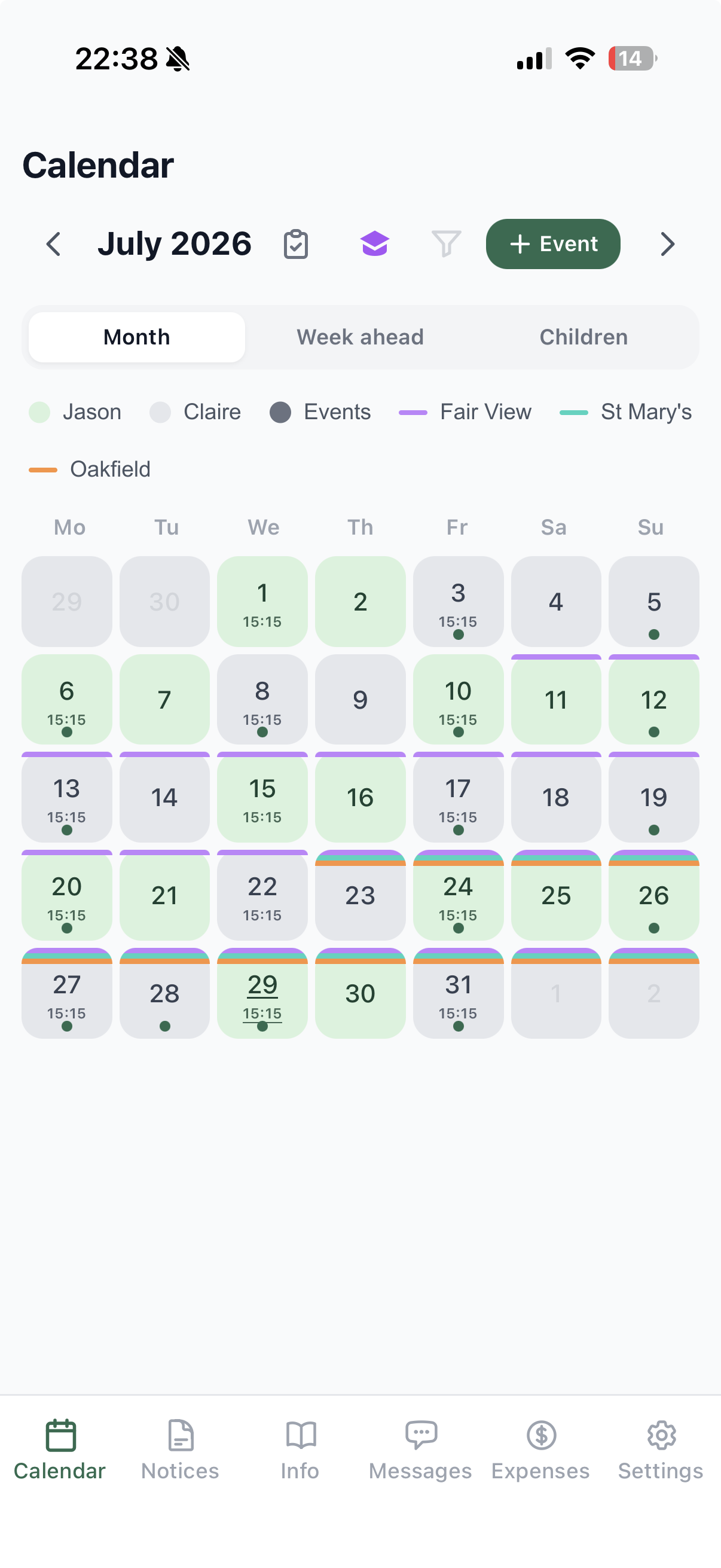 Family calendar with school term dates colour-coded per school